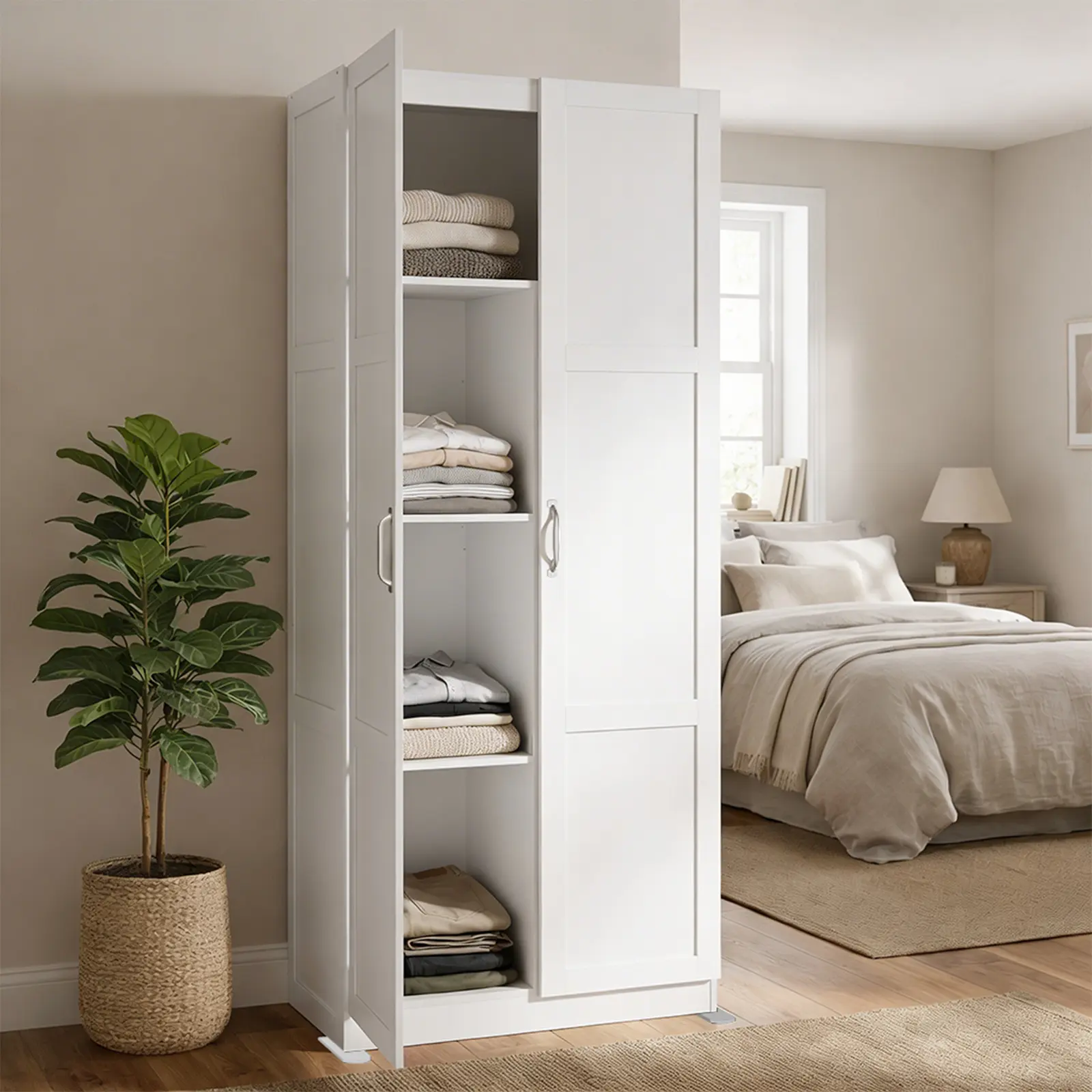 Sweetcrispy Large-Capacity Wood Closet Storage Cabinet - 4-Section Organizer with Large Compartment, Metal Handles, Quick Setup for Clothing, CDs, Blankets, Books in Office, Study Room