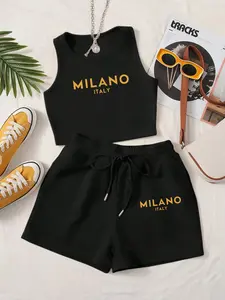Women's Summer Sleeveless Tank Top and Shorts Set, Milan Letter Print, Soft and Comfortable, Casual Slim-Fitting Home Wear, Essential for Daily Use, Womenswear, Casual Lounge Set