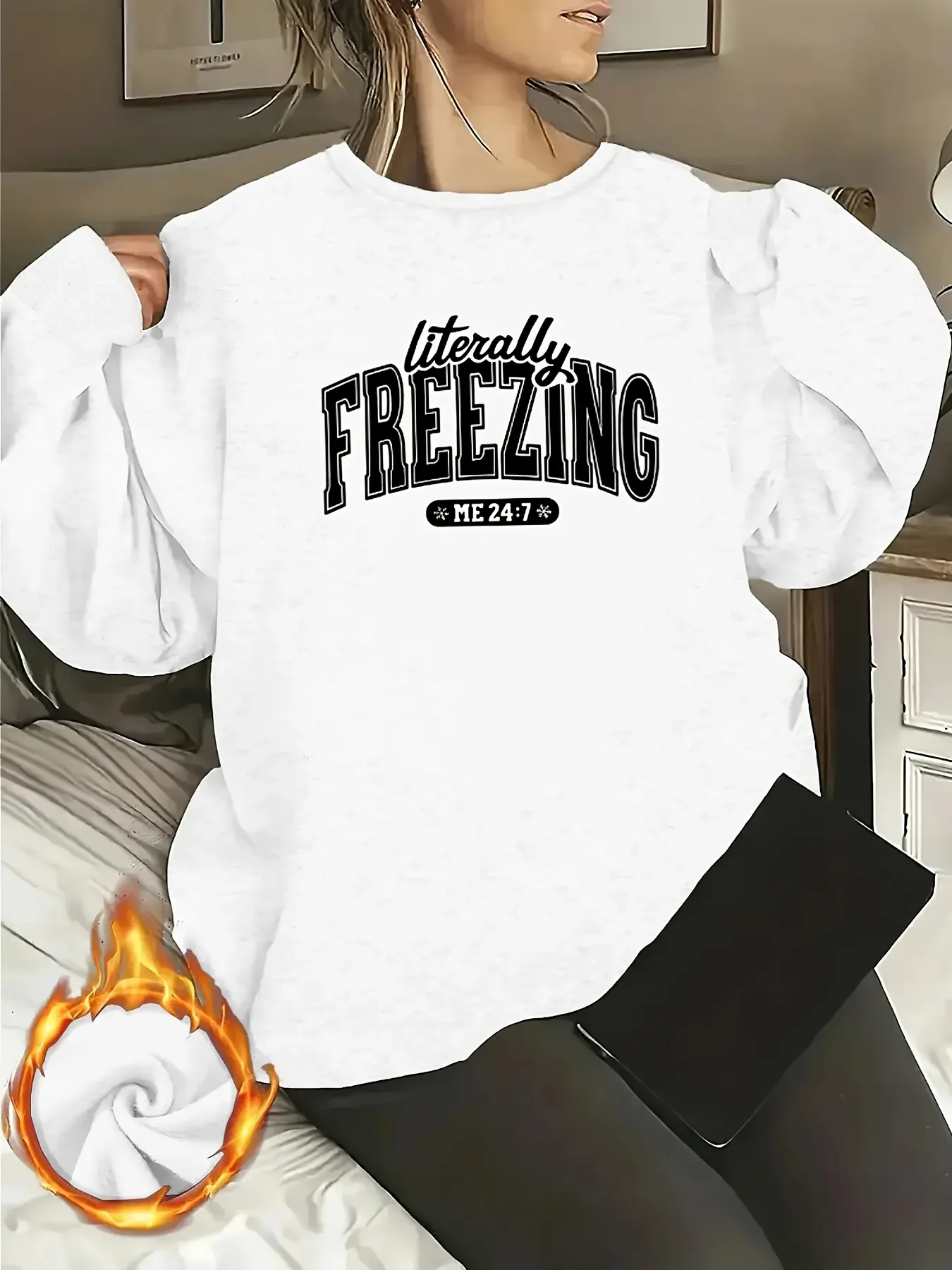 Women's Literally Freezing Graphic Sweatshirt - Cozy Gray Crew Neck Pullover with Black Lettering, Long Sleeves, Casual Fit, Perfect for FallWinter, Everyday PulloverTrendy Casual StyleMedium Elasticity Fabric
