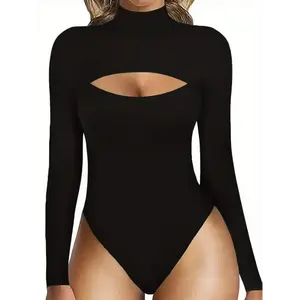 Long Sleeve Shaping Bodysuit, Hollow Out Mock Neck Tummy Control Slimmer Body Shaper, Women's Underwear & Shapewear Fabric Spandex