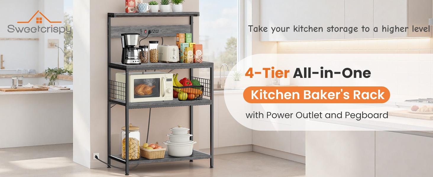 Kitchen Bakers Rack with Power Outlet, Coffee Bar Table 4 Tiers, Microwave Oven Stand Station, Adjustable Storage Shelf for Spices, Freestanding Appliance Organizer - 23.6 Inch