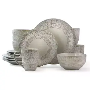 White Lace Embossed 16-pc Dinnerware Set - Stoneware with Embossed Lace Design - Dishwasher & Microwave Safe - Includes 4 Dinner Plates 4 Salad Plates 4 Bowls 4 Mugs