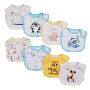 8pcs Set Of Cartoon-printed, Adjustable Snap-on Feeding Bibs For Boys And Girls, Suitable For Spring, Summer, Autumn, And Winter.- Cartoon Animal & Floral Print, Soft Breathable Fabric, Mixed Colors, All-Season Feeding Bibs for Infants & Toddlers