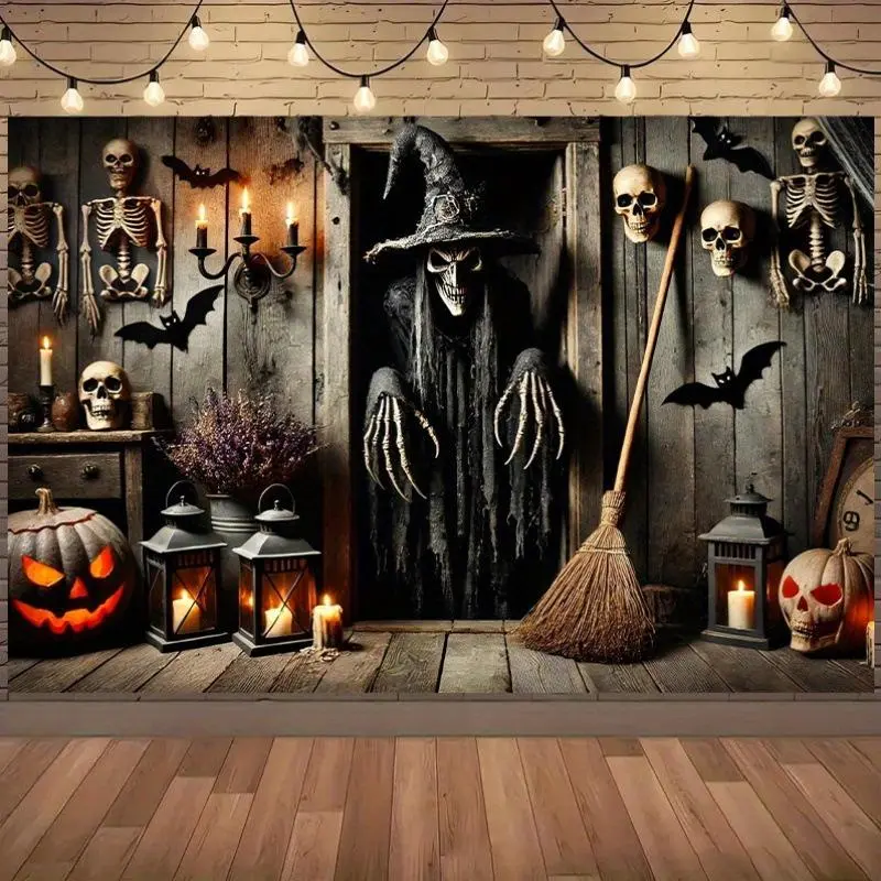 #4Halloween Witch Cabin Fabric Wall Backdrop, Scary Skeleton Pumpkin Bat Photo Booth Cloth Wall Banner Decor