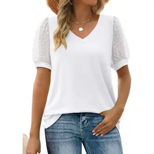 Womens Summer Tops V Neck T Shirts Swiss Dot Puff Sleeve Tops Loose Casual Tshirts