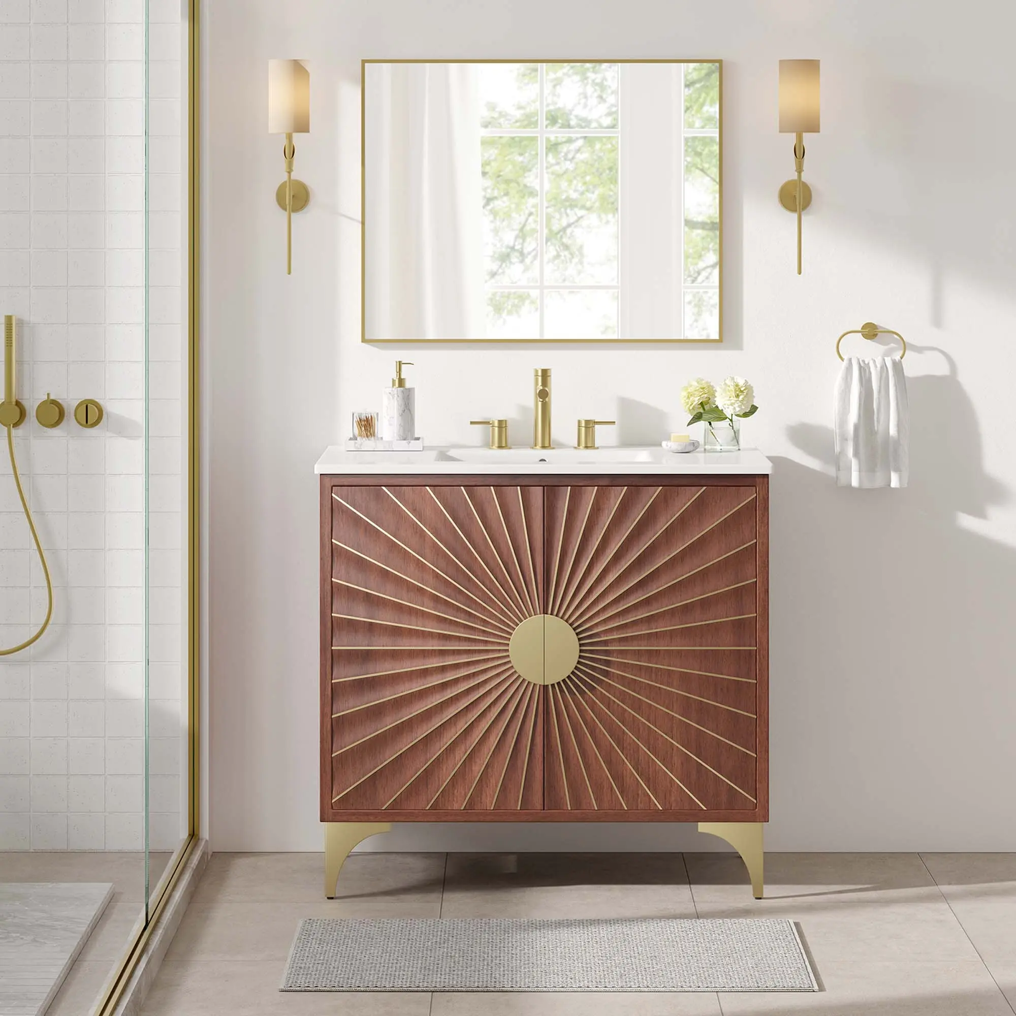 36" Daylight Wood Bathroom Vanity - Freestanding White Walnut Bathroom Fixture Set with Sun Ray Lighting and Storage, One Daylight 36" Bathroom Vanity