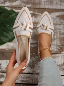 Women's Colorblock Knit Pointed Toe Flat Shoes, Bow Decor, Casual All Season Commuter Footwear, Textile Upper, Less Than Ankle Height