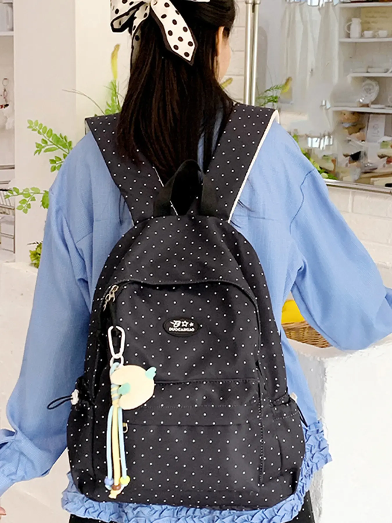 New Polka Dot Travel Backpack, Casual Style Nylon Backpack for Girls, Large Capacity Student Bag, All Seasons Use