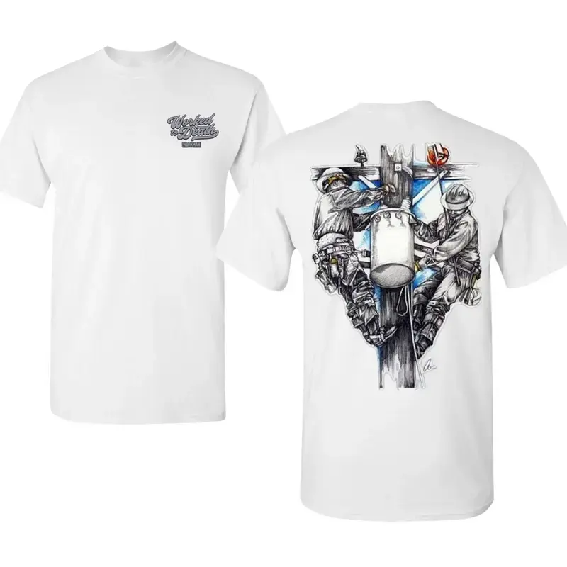 Men's Short-Sleeve Round Neck Lineman T-Shirt - Power Line Worker Graphic Top, Utility Pole Climbing Back Print, Small Chest Logo Front, Soft Cotton Blend, Blue Collar Electrical Workwear, Streetwear Gift for Linemen, Menswear, Shortsleeve, Tshirt