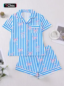 Summer Sleepwear for Women, Cute Blue Stripe with Pink Bow Print, Cozy 2-Piece Pajama Set for Sleepovers