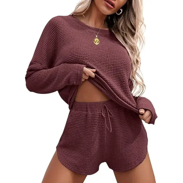 Ekouaer Women's Lady 2-Piece Basic Knitted Solid Colors Soft Polyester Blend Waffle Fabric Sweatsuit - Casual Lounge Set with Long Sleeve Top, Pocketed Shorts for Jogging, Nightwear