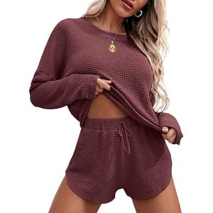 EKOUAER Lady's 2-Piece Basic Waffle Knit Loungewear Set - Long Sleeve Top, Shorts with Pockets, Elastic Fabric Nightwear Sweatsuit