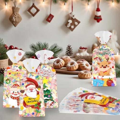 100 Pcs Christmas Treat Bags - Cute Merry Christmas Cellophane Bags, Plastic Christmass Gift Bags Bulk, Clear Winter Xmas Candy Cello Goodie Bag with Twist Ties for Xmas Party Favors Supplies