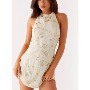 Y2k Sequin Beaded Halter Dress for Women Sexy Sparkle Backless Mini Dress Floral Embellished Rhinestone Club Dresses