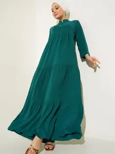 Elegant Muslim Women's Long Sleeve Maxi Dress, Muslim Evening Dress, Classy Modest Dresses, Solid Color with Ruffled Hem, for Spring Summer Casual & Formal Wear