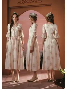 Palm Garden Dress-LaceMade Official Authentic Soft Cottage Floral Print Apricot Base Lace Trimmed Sleeves Cinched Waist Fit and Flare Silhouette Casual Womenswear, Zipper SwimWeek