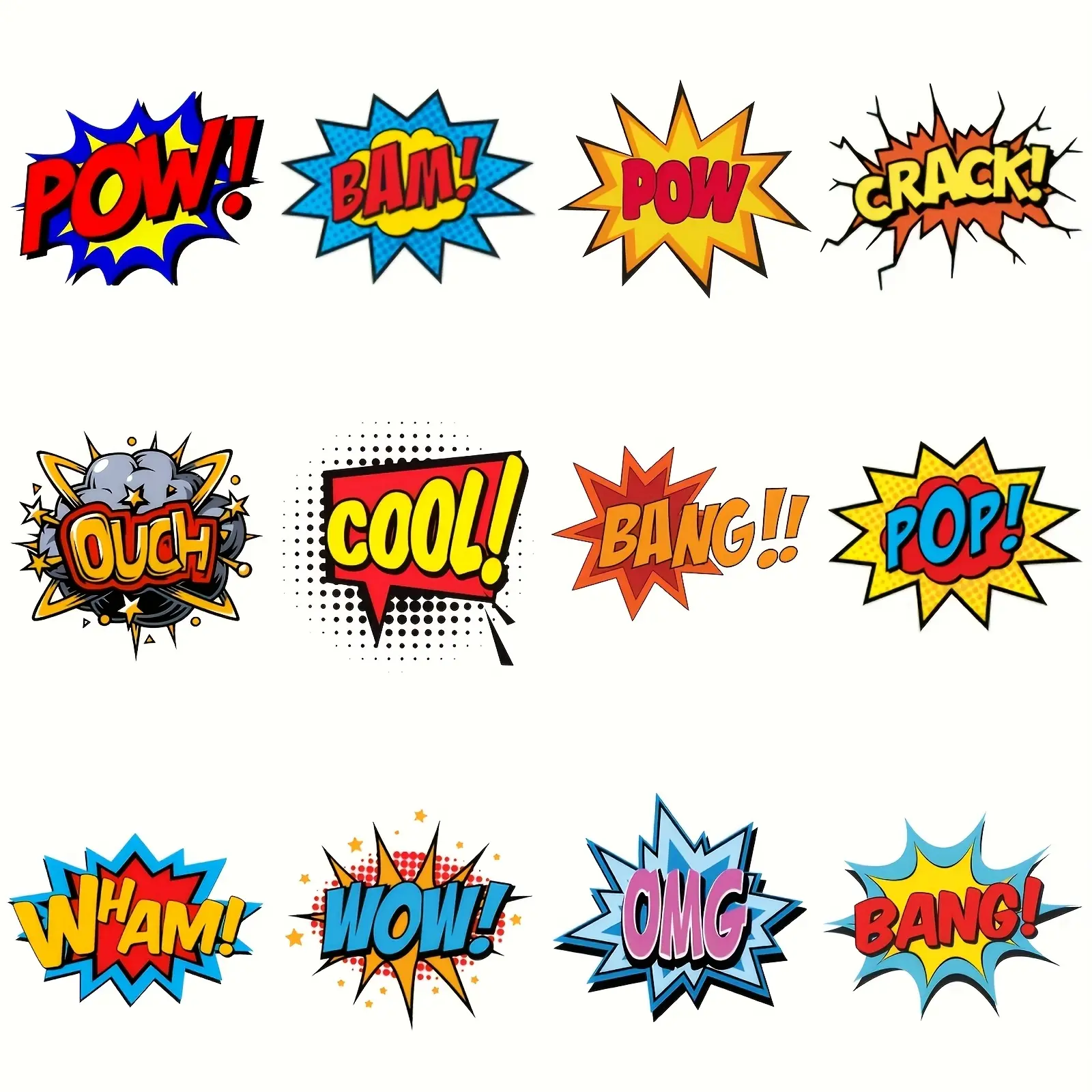 12-Piece Cartoon Style Heat Transfer Stickers Set, Washable DIY Patches for Clothes, T-Shirts, Pillows, Canvas Bags