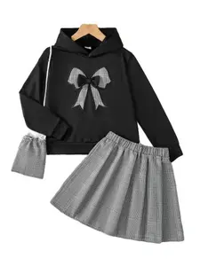 Ready Stock 8-12Y Kid Girls' Houndstooth Pattern Hoodie with Bow, Pleated Skirt and Crossbody Bag 3Pcs Clothes,Perfect for Outdoor Activities/Gift 42505007
