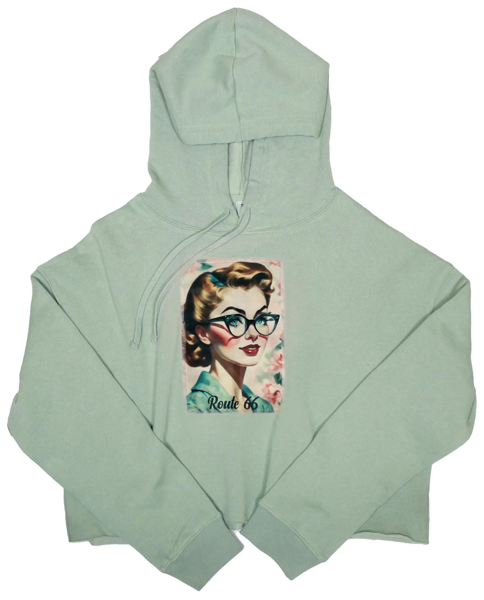 Ripped Rags Rt. 66 Sweet Fashion Patch Women's Cropped Hoodie, Sage, Bone, Blush