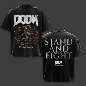DOOM - Stand and Fight T-shirt The Dark Ages Acid Wash Tee, Vintage Heavyweight Oversized Graphic Shirt, Doom Slayer Merchandise, Retro Gaming Streetwear, Doom Eternal Fans Gift, Gothic Horror Gaming Apparel, Dark Fantasy Menwear.