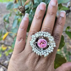 Minakari handmade Moti Ring with Unique Design and Beaded Surrounding Pattern