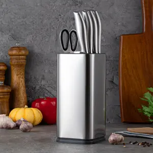 Stainless Steel Knife Block Holder, Parallel Groove & Sharpening Slot, Space Saving Kitchen Counter Organizer