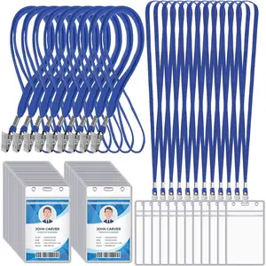 300 count ID Badge Holder with Lanyard Lanyards for ID Badges Resealable Flat  Name Tag with Clip  Plastic Clear Badges Bulk for School Office Supplies (Blue)