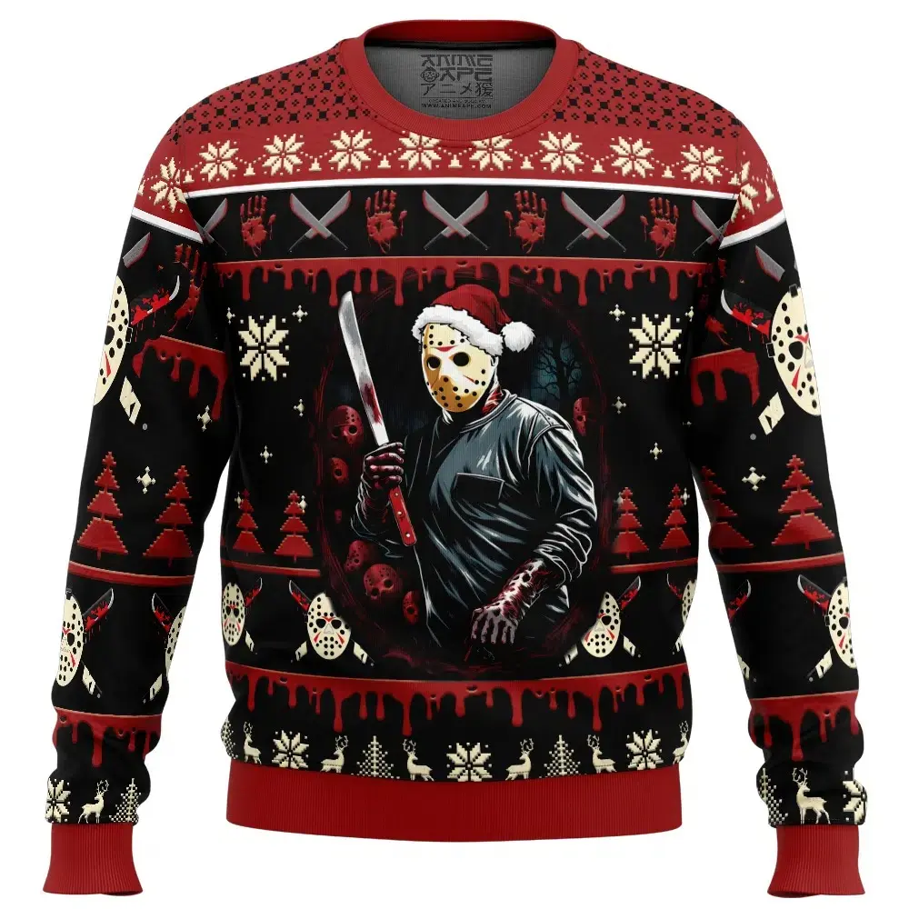 Jason Voorhees Ugly Christmas Sweater 3D Horror Halloween Xmas Santa Hat Hockey Mask Machete Blood Drip Streetwear Casual Warm Oversized Sweatshirt Men Women Winter Fall