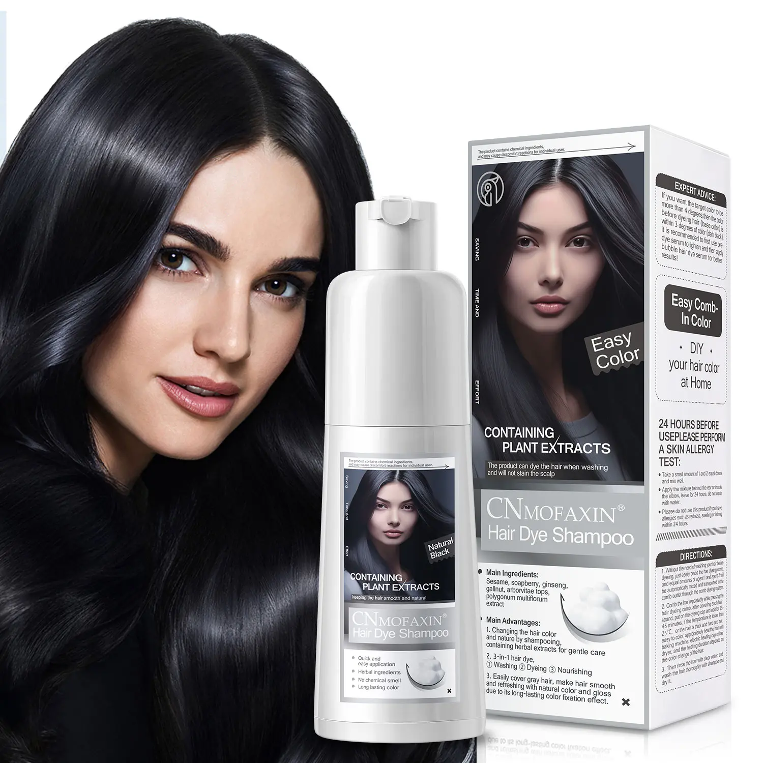 Cnmofaxin 3-in-1 Hair Dye Shampoo - Herbal Hair Coloring for Men & Women, 99.9% Gray Coverage for Locks & Beard, Instant Color, Natural Plant-Based Formula for Care, Haircare, Natural Semi-Permanent Color