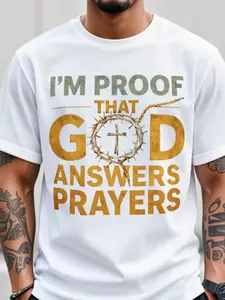 Men's Christian T-Shirt "I Am the Proof of God's Response to Prayer" with Golden Crown Cross & Lettering - Ultra-Soft Breathable Fabric Suitable for Church, Easter, Christmas - White & Black Crew Neck Short Sleeve, Unisex (Machine Washable) Religious