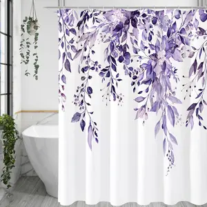 Purple Eucalyptus Shower Curtain, Watercolor Plant Leaves with Floral Bathroom Shower Curtain Set with Hooks, 72x72 Installation Iron