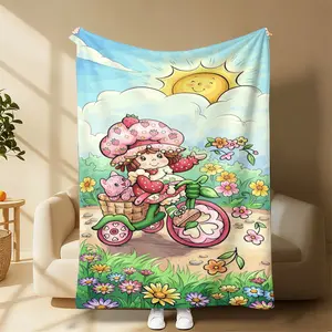 Trending Cute Strawberry Shortcake Blanket Vintage Nostalgic Throw for Retro Lovers Whimsical Strawberry Shortcake Bike Ride Blanket - Cozy Throw for Movie Nights Napping Perfect Gift for 80s Kids Strawberry Shortcake Fans Must-Have Throw for Fans