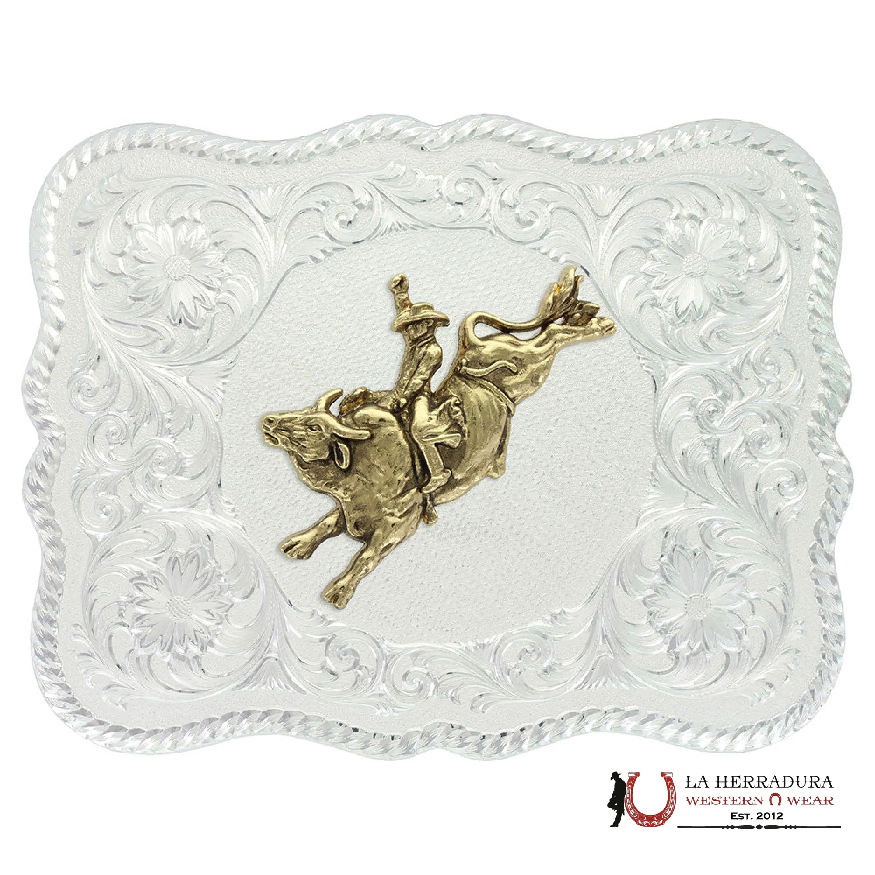 MONTANA SILVERSMITH SCALLOPED SILVER WESTERN BELT BUCKLE WITH BULL RIDER
