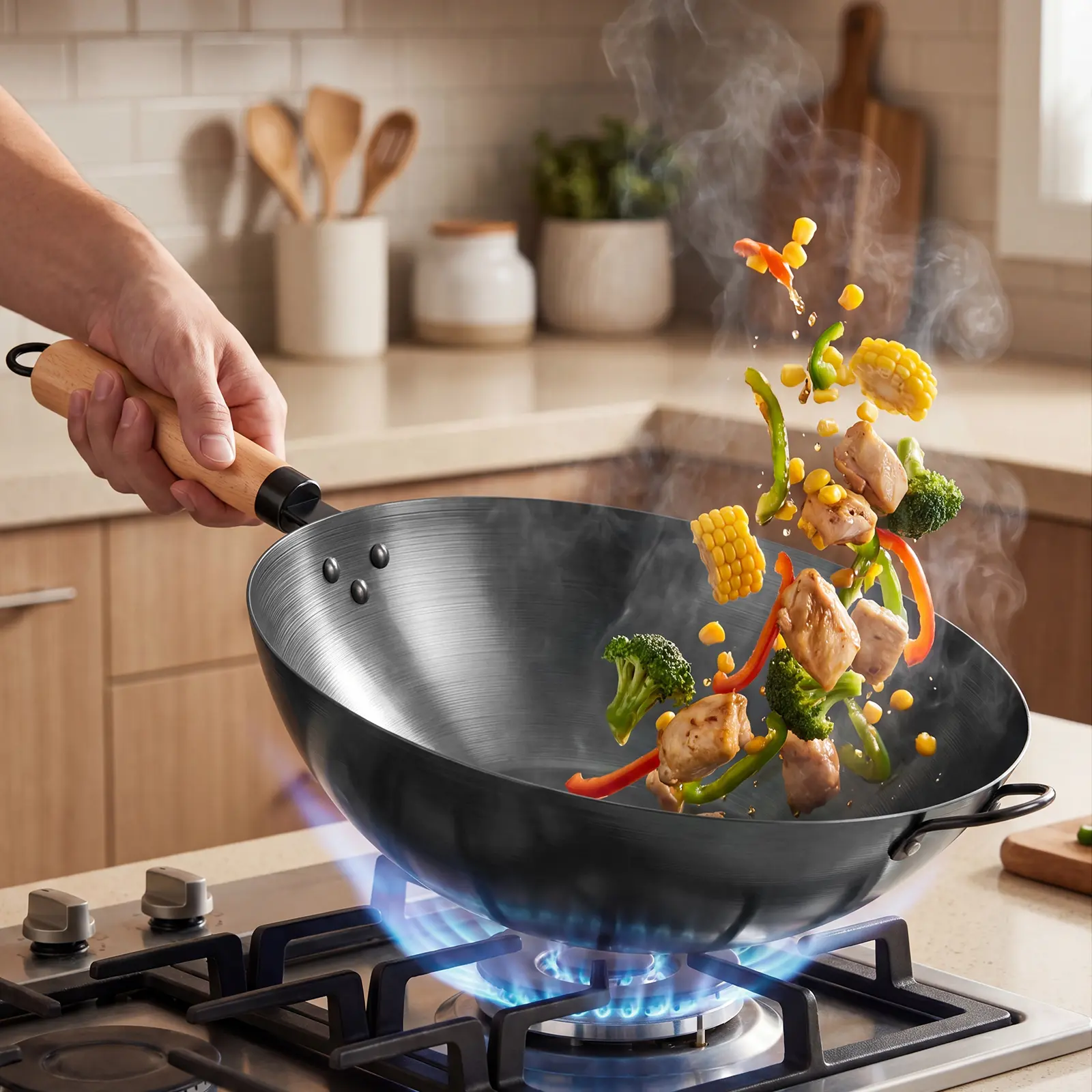 Carbon Steel Wok Pan, No Chemical Coating, Pre-Seasoned Flat Bottom Pow Wok for Family Meals and Camping, Compatible with Induction, Electric, Gas, Open Fire