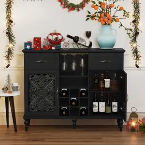 Farmhouse Black Bar Cabinet with Wine Rack & Storage, MDF Wood Sideboard Buffet Table, Vintage Style Storage Cabinet for Kitchen Dining Living Room, Ideal for Home Bar Use, Stores Wine Bottles & Glassware, Saves Space & Elevates Home Decor