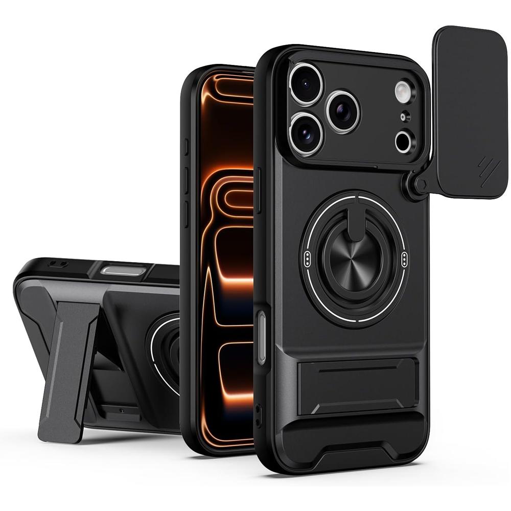 Slide Lens Protection 360° Rotate Magnetic Ring Kickstand   Shockproof Heavy Duty Protective Cover Ultra Thin Compact Design for iphone 17 pro case Pro Max/16 pro max cases/15/14/13/12/11 Series & Samsung mobile phone series with Protector