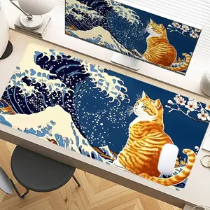 Desk Pad Japanese Wave Cat Sakura Gaming Mousepad XXL Mouse Pad For Laptop Desk Mouse Pad Extra Large With Non-Slip Rubber Base Stitched Edges Surface For PC Gamers Office Workers & Home Use Holiday Gift Idea