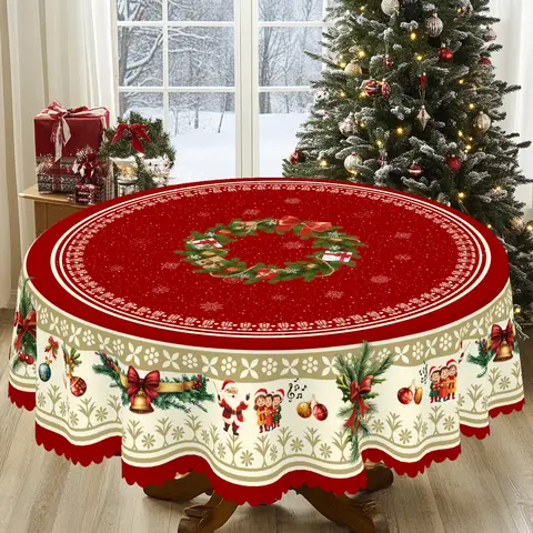 XEXSIN 1pc Colorful Polyester Christmas Tablecloth - Classic Santa-Reindeer Accents, Vintage Design, Rectangle/Round Sizes, Indoor-Outdoor Holiday Party Decor, Brightening Kitchen Home Supply, Birthday Gift Option, Bbq-Ready Dining Centerpiece