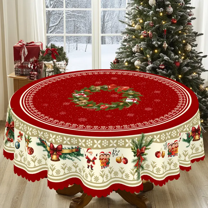 XEXSIN 1pc Colorful Polyester Christmas Tablecloth - Classic Santa-Reindeer Accents, Vintage Design, Rectangle/Round Sizes, Indoor-Outdoor Holiday Party Decor, Brightening Kitchen Home Supply, Birthday Gift Option, Bbq-Ready Dining Centerpiece