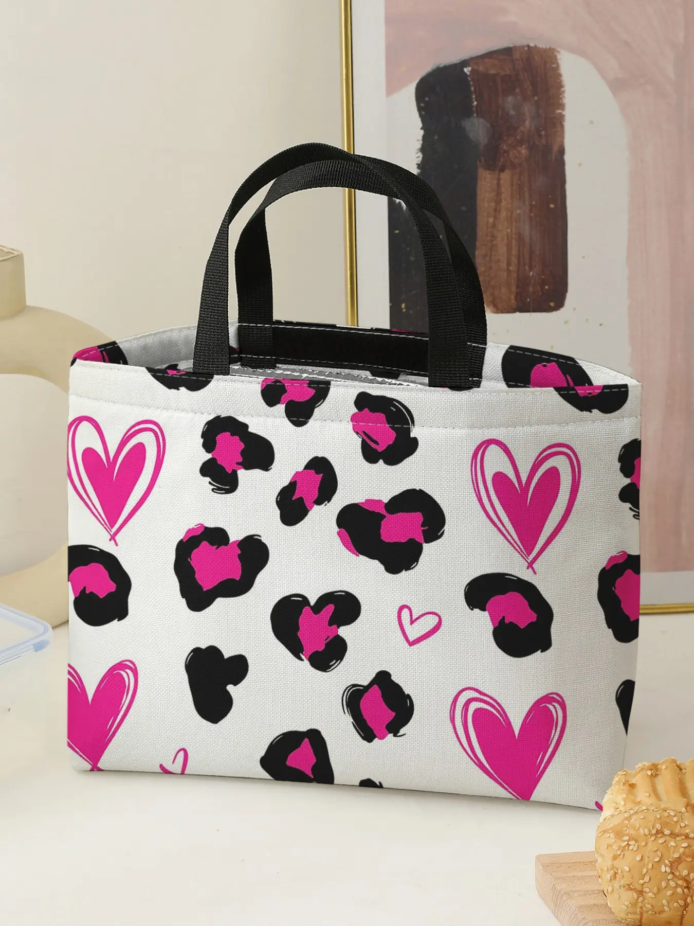 Heart Pattern Handbag Portable Lunch Bag, Women's Casual Shoulder Bag, Large Capacity Picnic Food Drink Bag, Valentine's Day Gift, Lunch Bag Tote Bag, Lunch Bags Women, Durable Lunch Bag, Lunch Box Bag