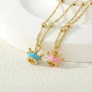 Vibecharm Minimalist Enamel Crown Long Pendant Necklace - Pink & Blue Pastel Costume Jewelry, Gold-Tone Copper Chain, Aesthetic Stackable Summer Chain Jewelry Necklaces Accessory