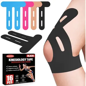NUITPY 16 Pcs Kinesiology Tape for Knees, Pre Cut Knee Support & Stability, Elastic, Breathable, Latex-Free Pain Relief Athletic Tape for Knee - Black