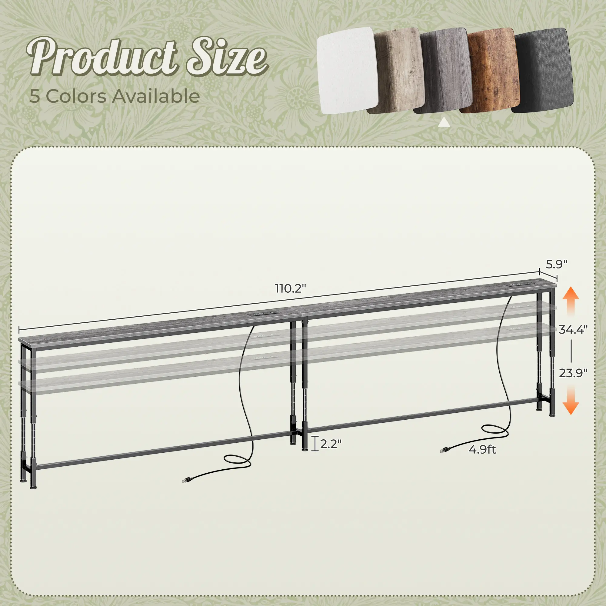 23.9’’-34.4’’ Height Adjustable, 110.2 Inch, Grey