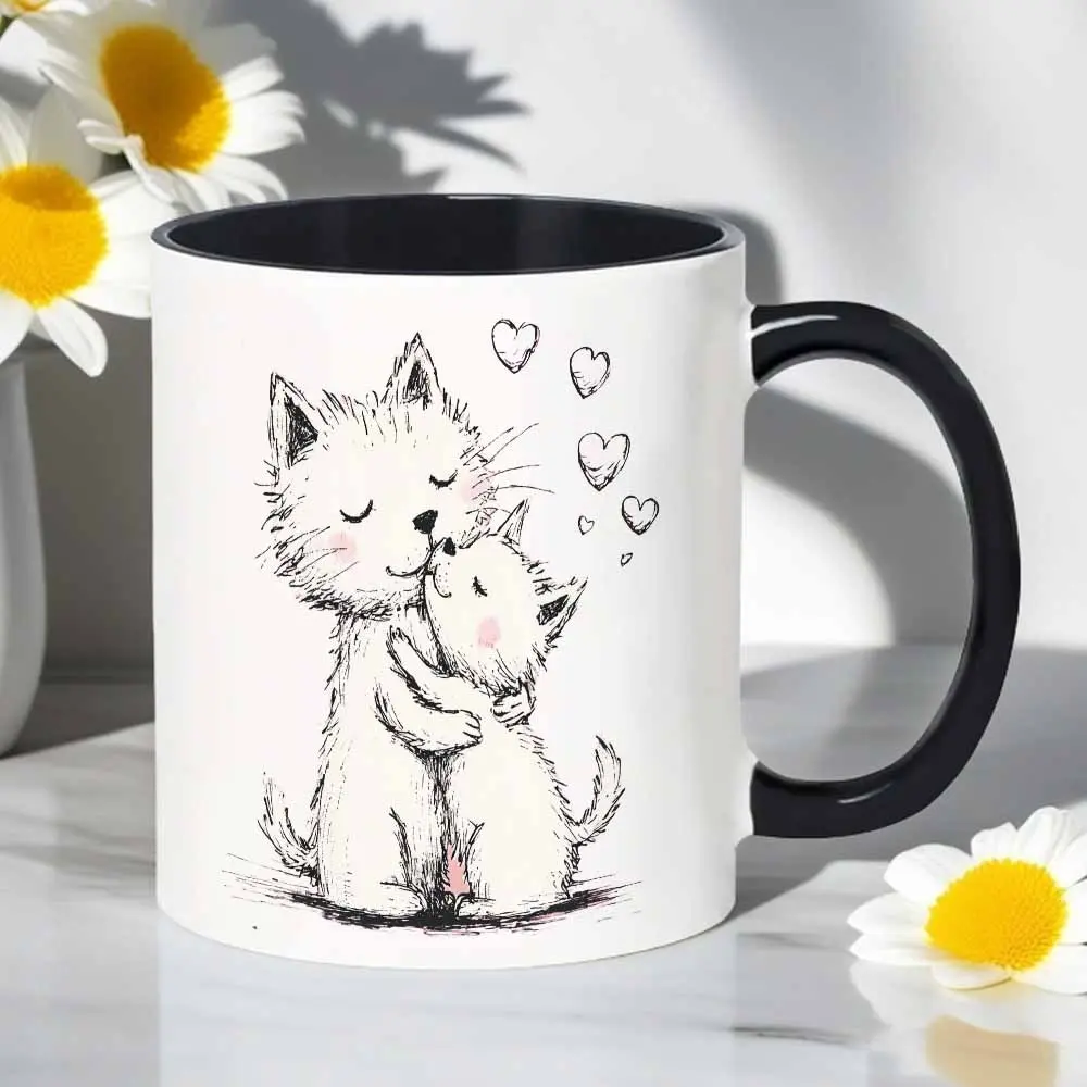 Cute Hugging Mom Cat-Kitten Ceramic Mug, Durable Heat-Transferred Heart Print Cup, Customised Mother’s Day/Coworker Appreciation Gift for Cat Lovers, Animals, Standard