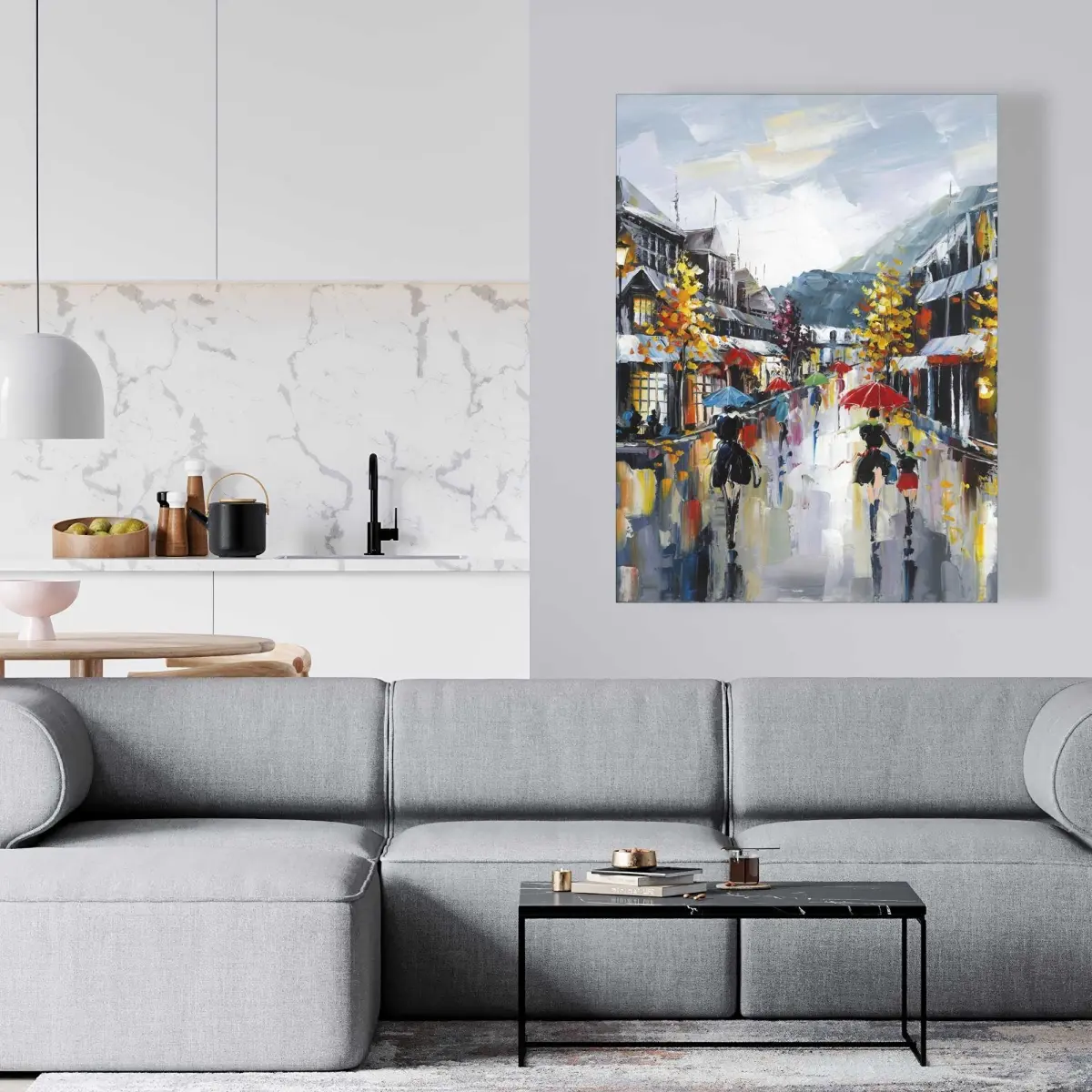 212 MAIN Nature Landscape Wall Art Print - 36x48 in., Scenic Rainy Fall Day Street Passersby Photo with Yellow Trees, Contemporary Home Office Decor, Artwork