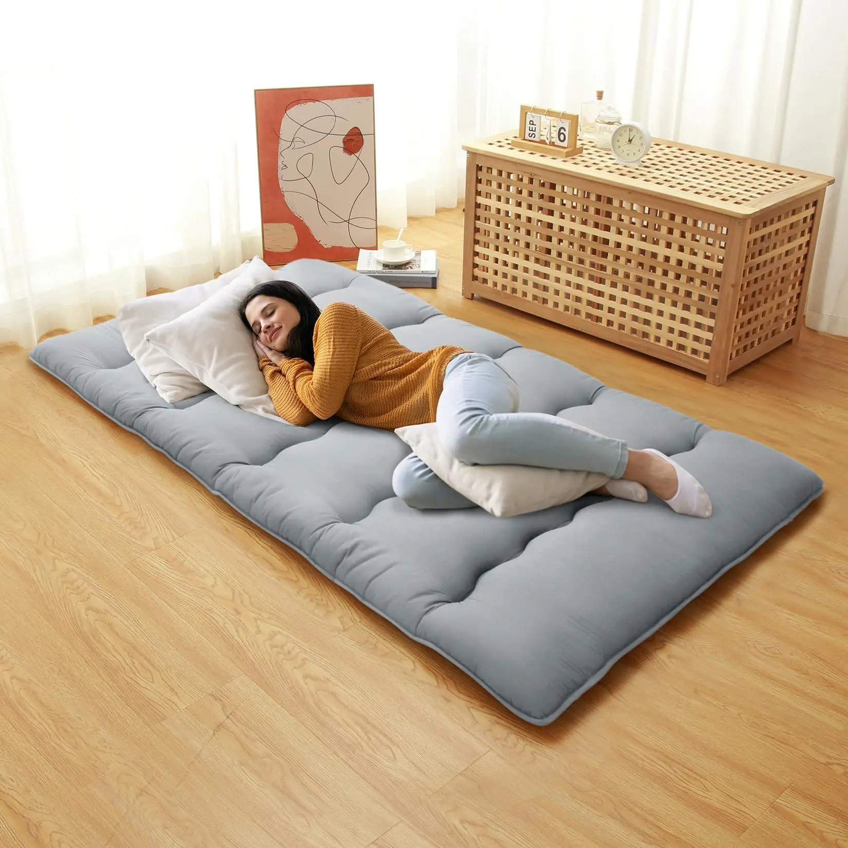 Light Grey Japanese Floor Futon Mattress Twin Size, Japanese Style Folding Futon Mattress Sleeping Mattress Pad for Adults Kids, Tatami Mat, Roll Up Camping Mattress