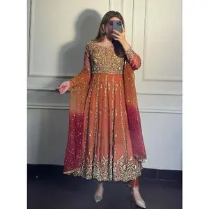 FANCY GEORGETTE SEQUENCE EMBROIDERY WORK GOWN WITH DUPATTA ORANGE
