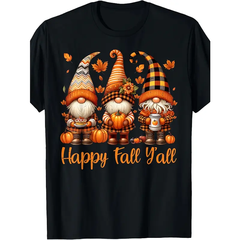 Men's Happy Fall Y'all Gnome Graphic T-Shirt, Casual Autumn Crew Neck Top, Soft 100% Cotton Knit Fabric for Layering, Tshirt, Shortsleeve