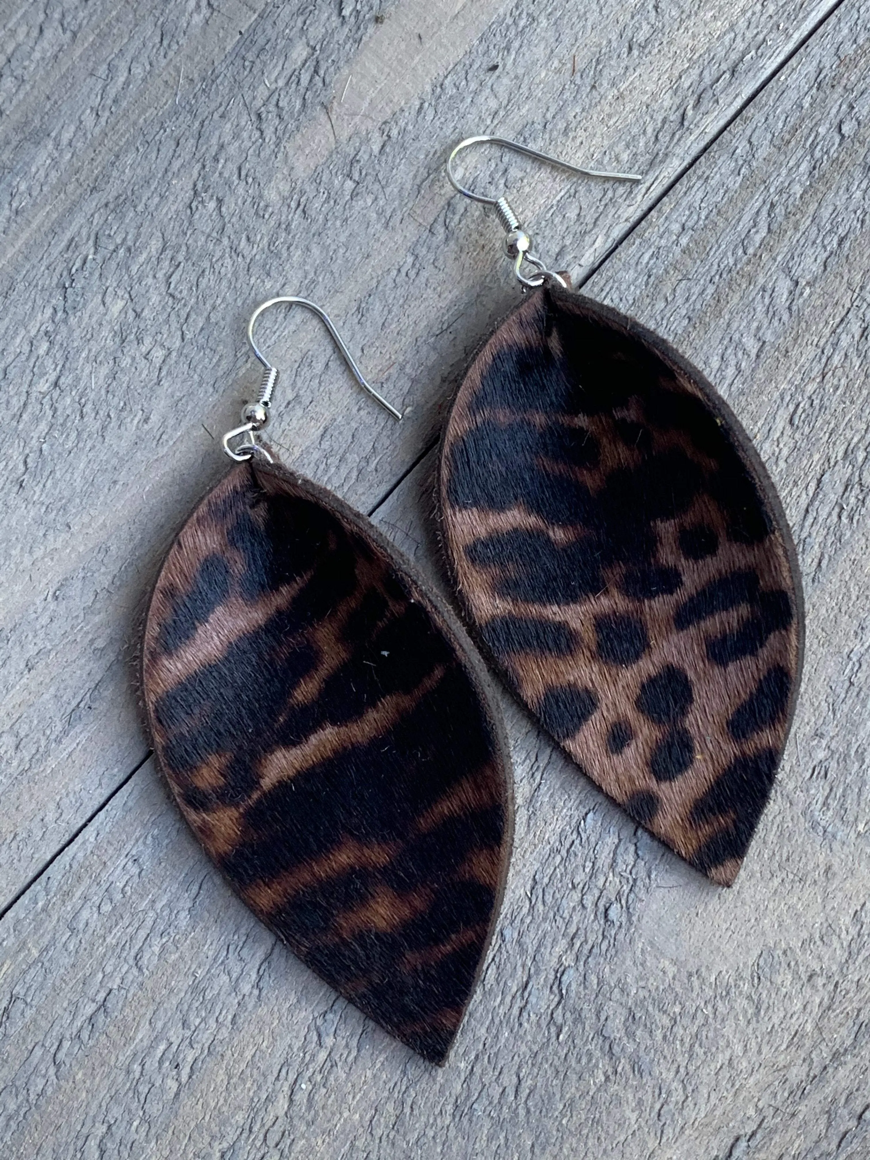 Brown Leopard hair on leather earring