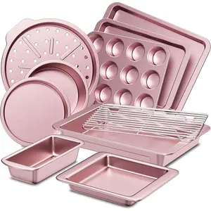 Bakeware Sets 10-Piece Nonstick Oven Pan with Wider Grips Pink Baking Pans Set for Kitchen Including Rack Cookie Sheet Cake Pans Loaf Muffin Pizza Pan